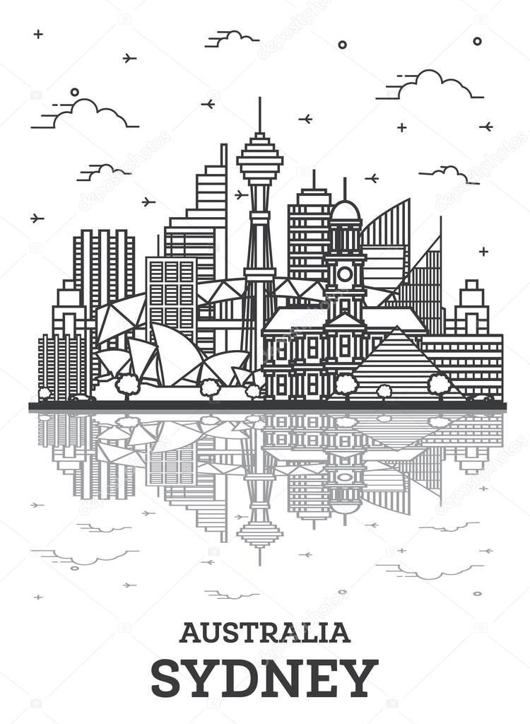 Outline Sydney Australia City Skyline with Modern Buildings and Reflections Isolated on White. Vector Illustration. Sydney Cityscape with Landmarks.