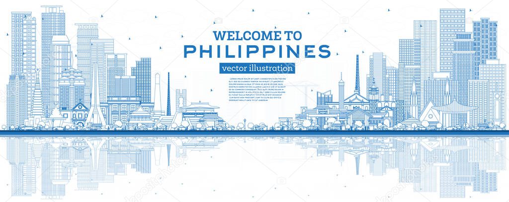 Outline Welcome to Philippines City Skyline with Blue Buildings and Reflections. Vector Illustration. Historic Architecture. Philippines Cityscape with Landmarks. Manila, Quezon, Davao, Cebu.