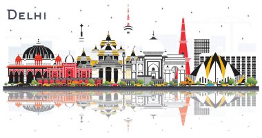 Beyaz Renk Binaları ve Yansımaları Olan Delhi Hindistan Şehri Skyline 'ı. Vektör İllüstrasyonu. Tarihi Mimariyle İş Seyahati ve Turizm Konsepti. Tarihi Simgelerle Delhi Şehir Manzarası.