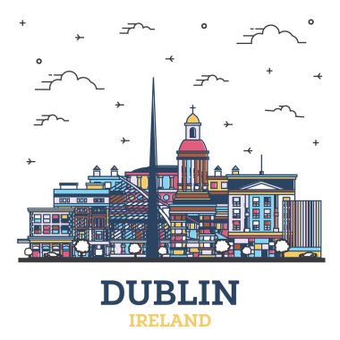 Beyaz üzerine izole edilmiş renkli tarihi binalarla Dublin İrlanda 'nın silueti. Vektör İllüstrasyonu. Tarihi Simgeleri olan Dublin Şehri.