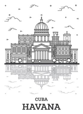 Havana Cuba City Skyline 'ın ana hatlarıyla birlikte tarihi yapılar ve beyaza izole edilmiş yansımalar. Vektör İllüstrasyonu. Tarihi Simgelerle Havana Şehir Manzarası.