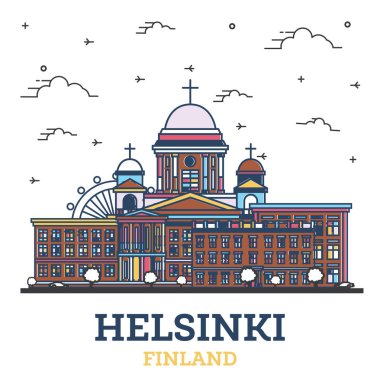 Helsinki City Skyline 'ın ana hatlarıyla beyaza izole edilmiş renkli tarihi binalar. Vektör İllüstrasyonu. Simgeli Helsinki Şehir Manzarası.