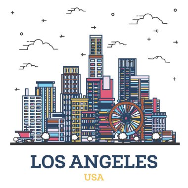 Los Angeles City Skyline 'ın ana hatları. Renkli Modern Binalar beyazlar üzerinde izole edilmiş. Vektör İllüstrasyonu. Simgeli Los Angeles Şehri.
