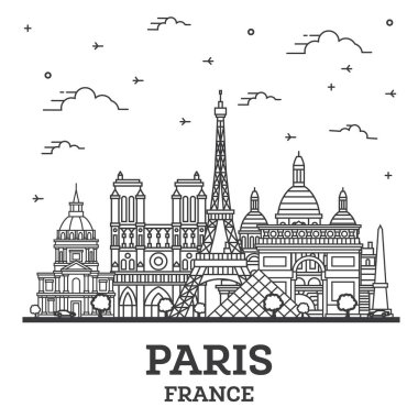 Paris France City Skyline 'ın ana hatları. Beyaz üzerine izole edilmiş tarihi binalar. Vektör İllüstrasyonu. Tarihi Simgelerle Paris Şehri.
