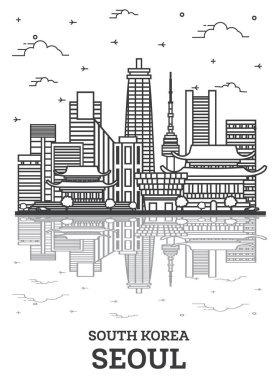 Güney Kore 'nin ana hatlarıyla modern binalar ve beyaza izole edilmiş yansımalar. Vektör İllüstrasyonu. Tarihi Simgeli Seul Şehir Manzarası.