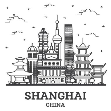 Shanghai China City Skyline 'ın ana hatları. Tarihi Binalar beyaza izole edilmiş. Vektör İllüstrasyonu. Tarihi Simgelerle Şangay Şehir Manzarası.