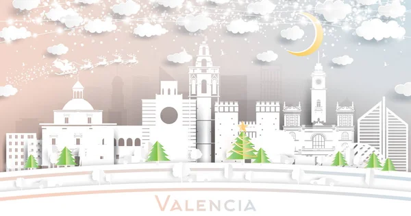 Valencia Spanien City Skyline Paper Cut Stil Mit Schneeflocken Mond — Stockvektor