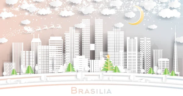雪の結晶 月とネオンガーランドと紙カットスタイルでブラジルブラジル市スカイライン — ストックベクタ