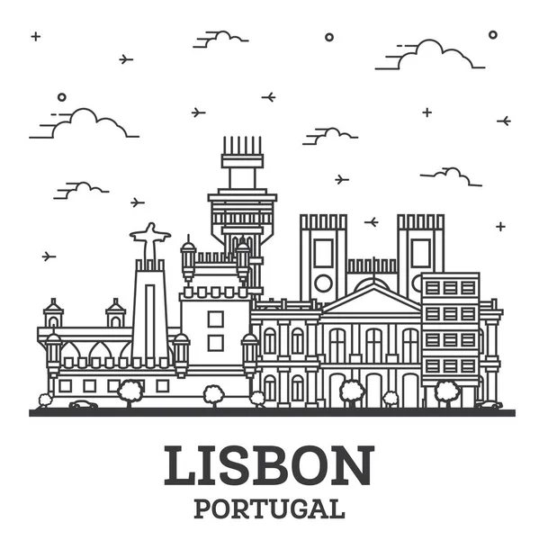 Outline Lisbon Portugal City Skyline Con Edifici Storici Isolati White — Vettoriale Stock