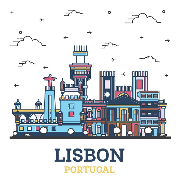 Umriss Lissabon Portugal City Skyline Mit Farbigen Historischen Gebäuden Isoliert — Stockvektor