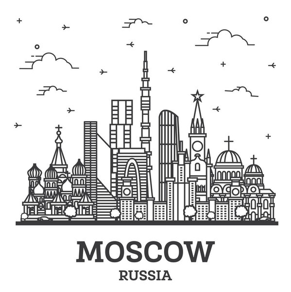 Outline Moscow Russia City Skyline with Modern and Historic Buildings Isolated on White. Vector Illustration. Moscow Cityscape with Landmarks.