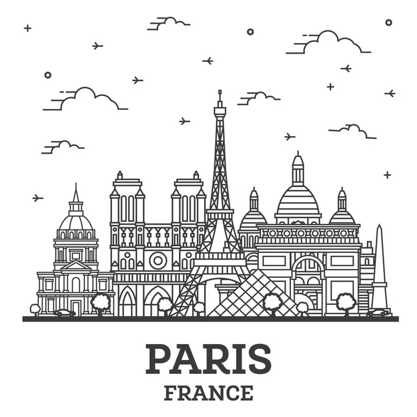 Esquema Paris France City Skyline Con Edificios Históricos Aislados Blanco — Vector de stock