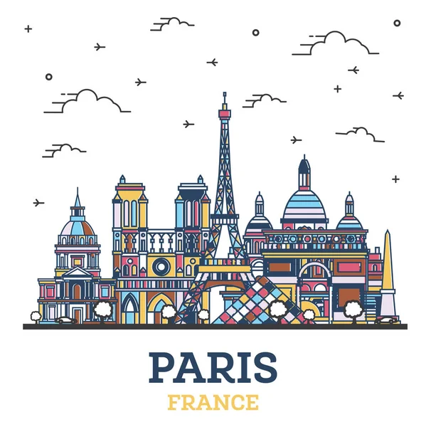 Outline Paris France City Skyline Met Gekleurde Historische Gebouwen Geïsoleerd — Stockvector