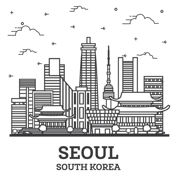 Vázolja Fel Szöul Dél Korea City Skyline Modern Épületek Elszigetelt — Stock Vector