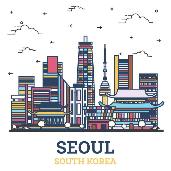 Vázlat Szöul Dél Korea City Skyline Színes Modern Épületek Elszigetelt — Stock Vector