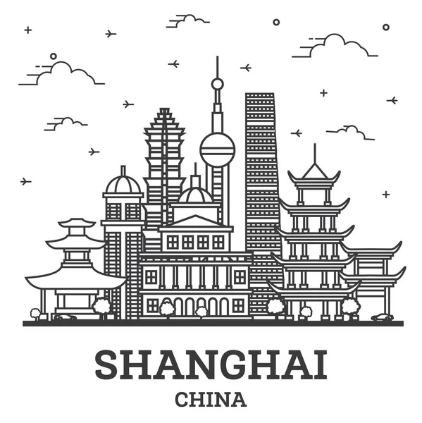 Очертания Шанхая China City Skyline Historic Buildings Isolated White Векторная — стоковый вектор