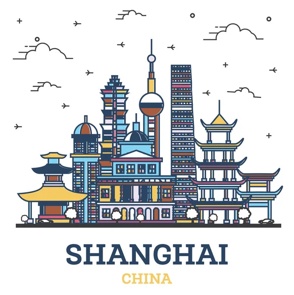 Zarys Shanghai China City Skyline Kolorowymi Zabytkowymi Budynkami Izolowane Białym — Wektor stockowy