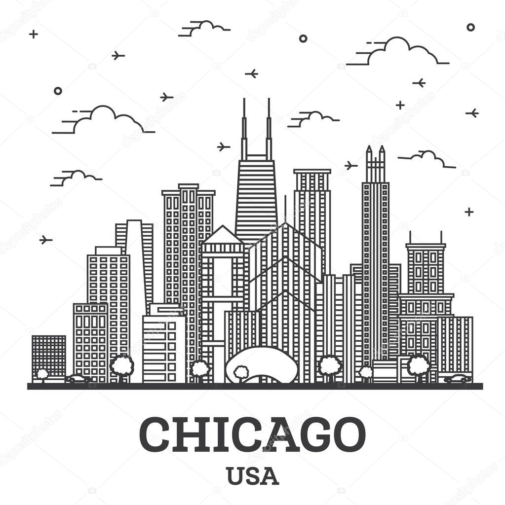 Outline Chicago Illinois USA City Skyline with Modern Buildings Isolated on White. Vector Illustration. Chicago Cityscape with Landmarks. 
