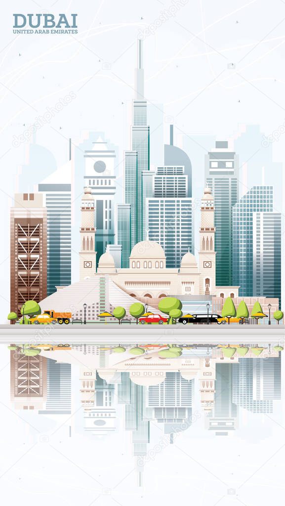 Dubai United Arab Emirates (UAE) City Skyline with Colored Buildings,  Blue Sky and Reflections. Vector Illustration. Tourism Concept with Modern Architecture. Dubai Cityscape with Landmarks.