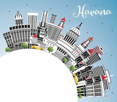 Havana Küba Şehri Renkli Binalar, Mavi Gökyüzü ve Kopya Uzayı ile Skyline. Vektör İllüstrasyonu. Tarihi ve Modern Mimariyle Turizm Konsepti. Tarihi Simgelerle Havana Şehir Manzarası.