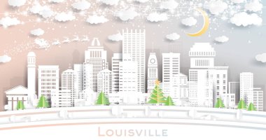 Louisville, Kentucky, ABD, Skyline, Snowflakes, Moon ve Neon Garland ile birlikte. Vektör İllüstrasyonu. Noel ve Yeni Yıl Kavramı. Noel Baba Kızakta.