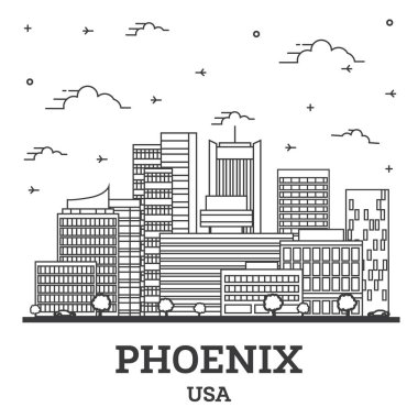 Phoenix Arizona City Skyline 'ın ana hatlarıyla Modern Binalar beyaza izole edildi. Vektör İllüstrasyonu. Tarihi Simgelerle Phoenix ABD Şehri. 