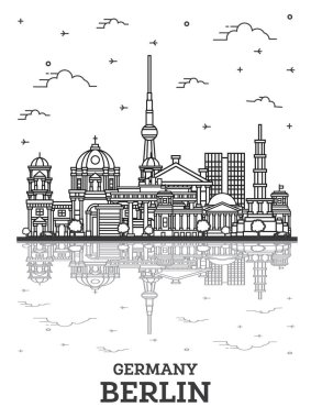 Berlin Almanya 'nın tarihi yapıları ve beyaza izole edilmiş yansımaları ile silueti. Vektör İllüstrasyonu. Tarihi Simgelerle Berlin Şehri.