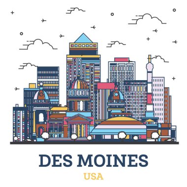 Des Moines Iowa City Skyline 'ın ana hatları. Renkli Modern Binalar beyaza izole edilmiş. Vektör İllüstrasyonu. Des Moines ABD Tarihi Eserli Şehir. 