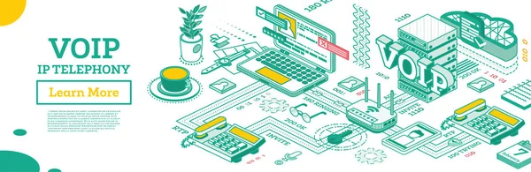 Voip Serviços Telefonia Conceito Esboço Isométrico Esquema Configuração Sistema Telefone —  Vetores de Stock