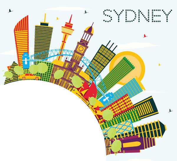 Sydney Australia City Skyline with Color Buildings, Blue Sky and Copy Space. Vector Illustration. Business Travel and Tourism Concept with Modern Architecture. Sydney Cityscape with Landmarks.