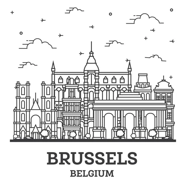 Outline Brussels Belgium City Skyline Historic Buildings Isolated White Vector — Stock Vector