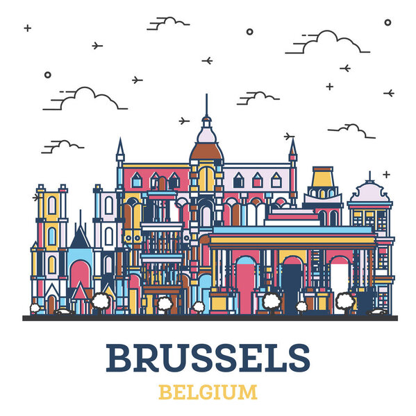 Outline Brussels Belgium City Skyline with Colored Historic Buildings Isolated on White. Vector Illustration. Brussels Cityscape with Landmarks.