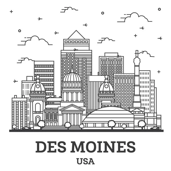 Outline Des Moines Iowa City Skyline Met Moderne Gebouwen Geïsoleerd — Stockvector