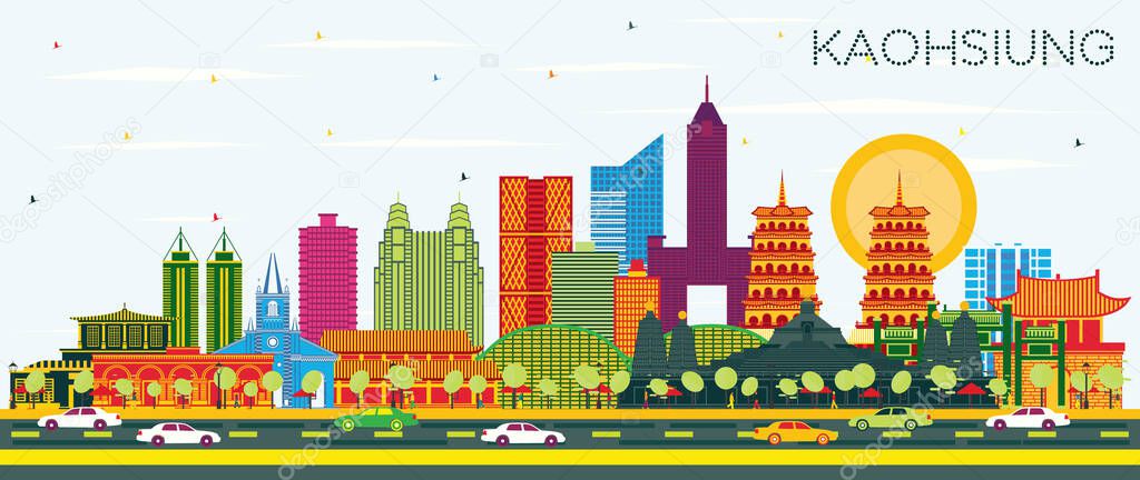 Kaohsiung Taiwan City Skyline with Color Buildings and Blue Sky. Vector Illustration. Business Travel and Tourism Concept with Historic Architecture. Kaohsiung China Cityscape with Landmarks.