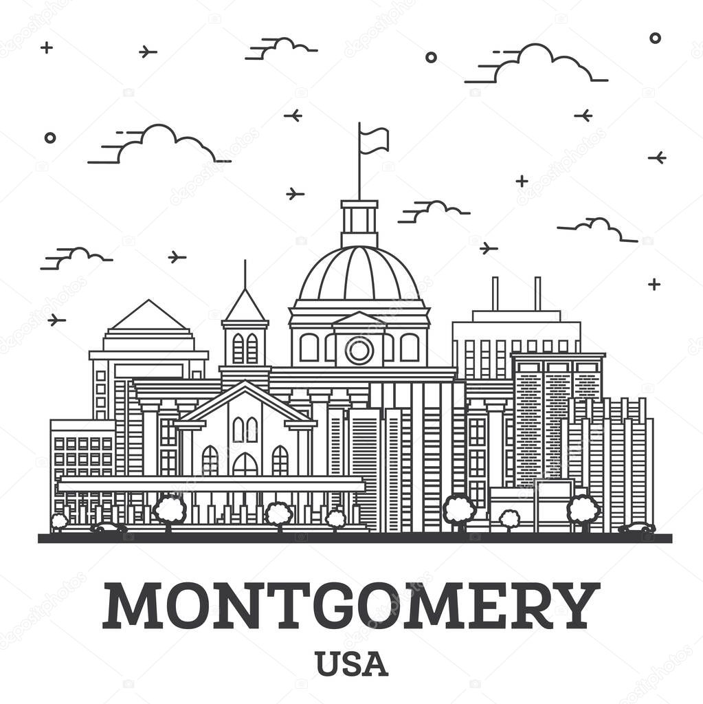 Outline Montgomery Alabama USA City Skyline with Modern Buildings Isolated on White. Vector Illustration. Montgomery USA Cityscape with Landmarks.