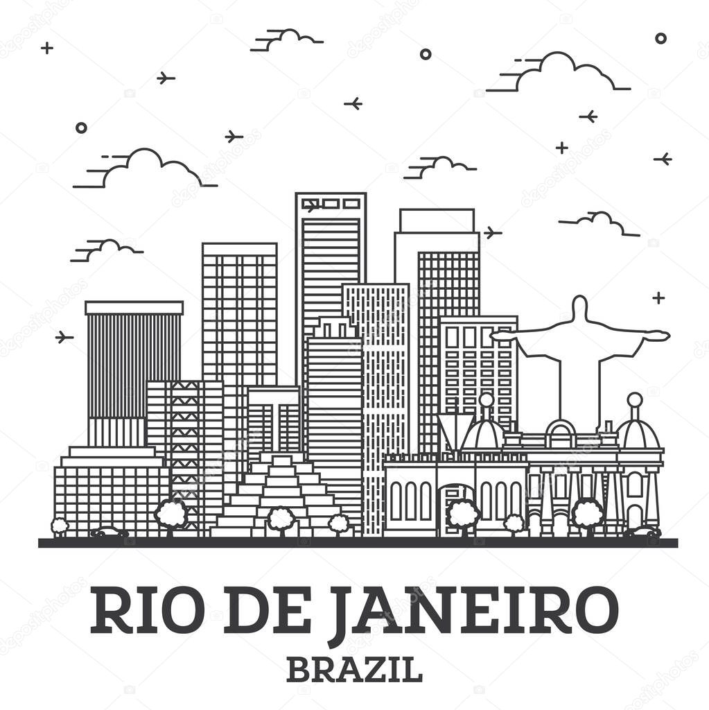Outline Rio de Janeiro Brazil City Skyline with Modern Buildings Isolated on White. Vector Illustration. Rio de Janeiro Cityscape with Landmarks. 