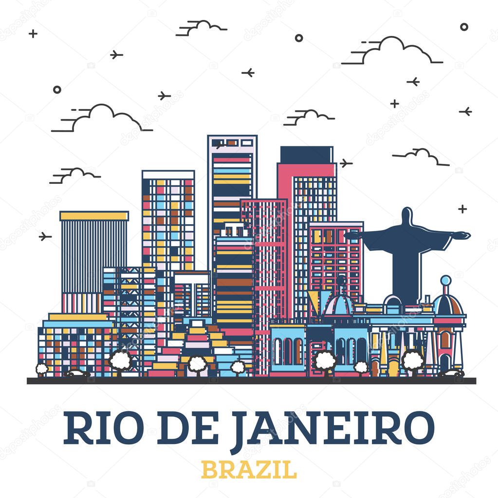 Outline Rio de Janeiro Brazil City Skyline with Colored Modern Buildings Isolated on White. Vector Illustration. Rio de Janeiro Cityscape with Landmarks. 