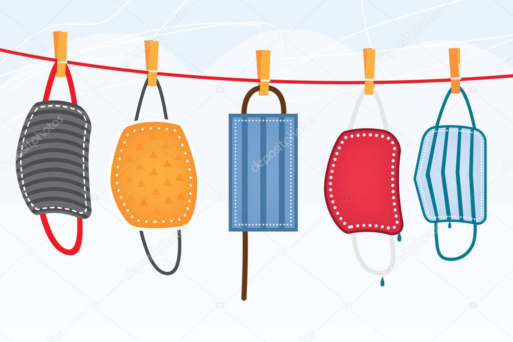 Washed Protective Face Masks Hanging on a Line. Vector Illustration. Drying Laundered Reusable Masks.