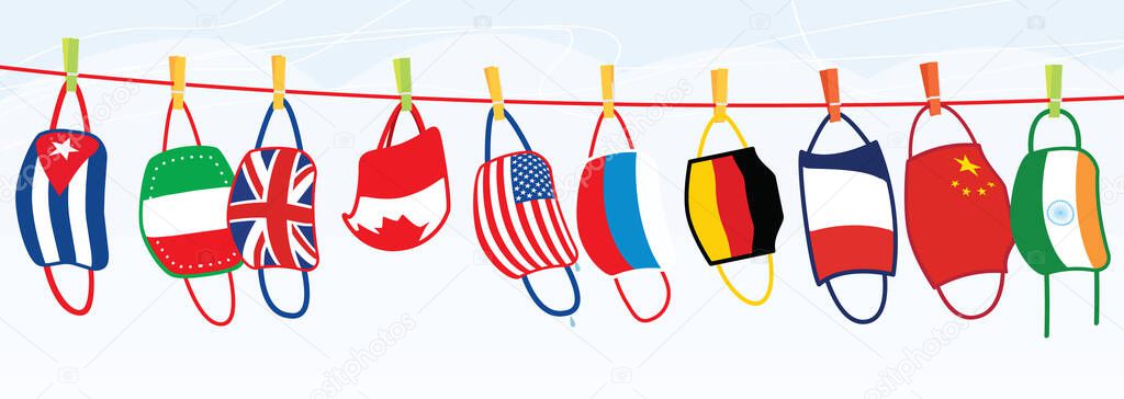 Washed Protective Face Masks Hanging on a Line. Vector Illustration. Drying Laundered Reusable Masks with Flags of Different Countries.