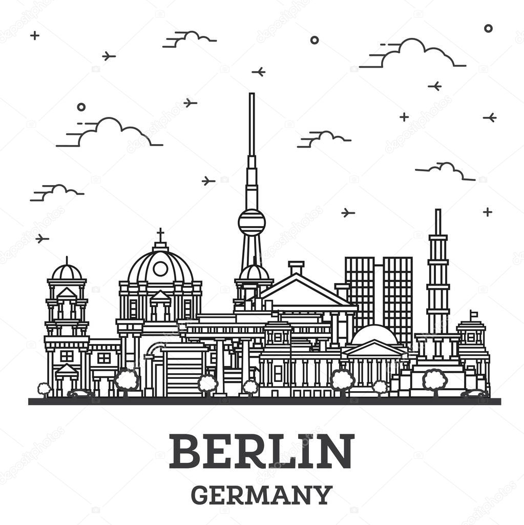 Outline Berlin Germany City Skyline with Historical Buildings Isolated on White. Vector Illustration. Berlin Cityscape with Landmarks.