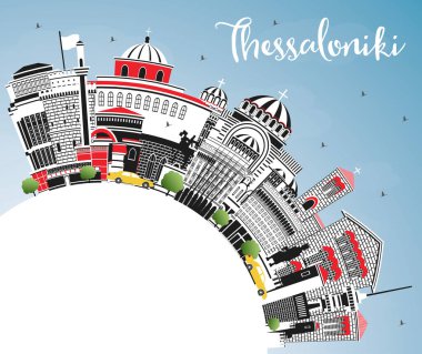 Selanik Yunanistan Şehri Renkli Binalar, Mavi Gökyüzü ve Kopya Uzayı ile Skyline. Vektör İllüstrasyonu. Tarihi ve Modern Mimariyle Turizm Konsepti. Tarihi Simgelerle Selanik Şehri.