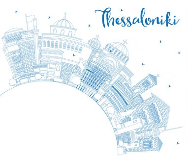 Selanik Yunanistan 'ın Mavi Binalar ve Uzayı Kopyalayan Skyline' ının ana hatlarını çiz. Vektör İllüstrasyonu. Tarihi ve Modern Mimariyle Turizm Konsepti. Tarihi Simgelerle Selanik Şehri.
