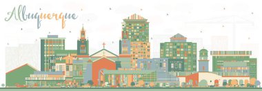 Albuquerque New Mexico City Skyline ve Color Buildings. Vektör İllüstrasyonu. Albuquerque ABD Şehri 'nin simgeleriyle. Modern Mimariyle İş Seyahati ve Turizm Konsepti.