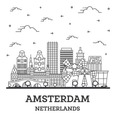 Amsterdam Netherlands City Skyline 'ın ana hatları. Tarihi Binalar beyazlar üzerinde izole edilmiş. Vektör İllüstrasyonu. Amsterdam Şehir Manzarası Simgeleri.