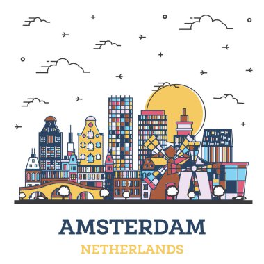 Amsterdam Netherlands City Skyline 'ın ana hatlarıyla birlikte Beyaz Renkli Tarihi Binalar izole edildi. Vektör İllüstrasyonu. Amsterdam Şehir Manzarası Simgeleri.