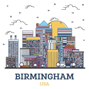 Birmingham Alabama 'nın ana hatları ABD City Skyline ve Renk Binaları beyaza izole edilmiş. Vektör İllüstrasyonu. Birmingham ABD Tarihi Simgeli Şehir.