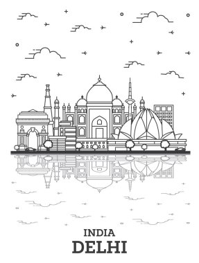 Delhi Hindistan 'ın tarihi yapıları ve beyaza izole edilmiş yansımaları olan silueti. Vektör İllüstrasyonu. Tarihi Simgelerle Delhi Şehir Manzarası.