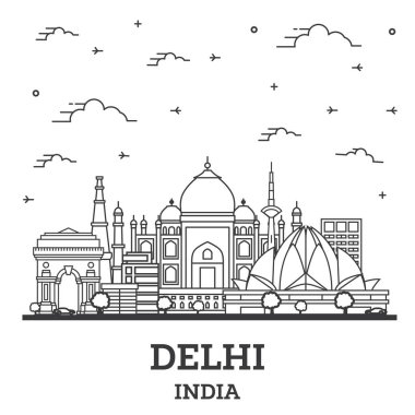 Delhi India City Skyline 'ın ana hatları. Tarihi Binalar beyazlar üzerinde izole edilmiş. Vektör İllüstrasyonu. Tarihi Simgelerle Delhi Şehir Manzarası.