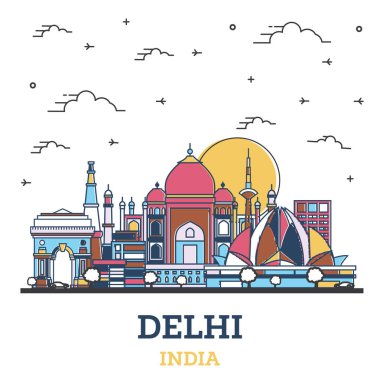 Delhi India City Skyline 'ın ana hatları. Renkli Tarihi Binalar beyazlar üzerinde izole edilmiş. Vektör İllüstrasyonu. Tarihi Simgelerle Delhi Şehir Manzarası.