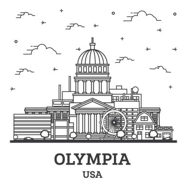 Olympia Washington City Skyline 'ın ana hatlarıyla Modern Binalar beyaza izole edildi. Vektör İllüstrasyonu. Olympia USA Tarihi Simgeli Şehir.